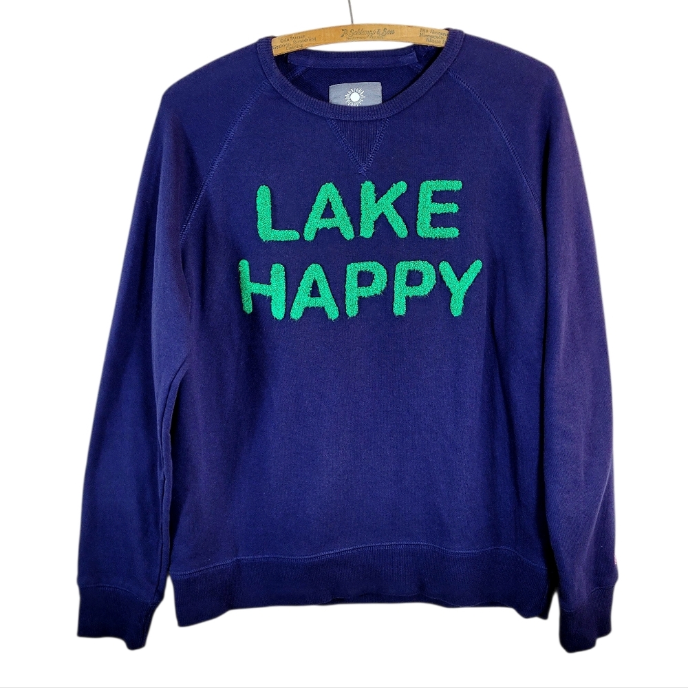 LAKE HAPPY Navy Blue Crewneck Sweatshirt Green Chenille Lettering SMALL - Picture 2 of 9